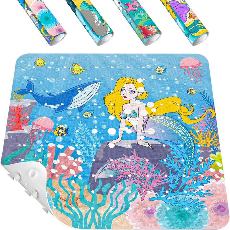 HITSLAM Square Shower Stall Mat Anti Slip, Quick Dry 21x21 Inch Bathtub Floor Mat for Kids with Suction Cups and Drainage Holes, Machine Wash, Soft on Feet, Mermaid - Image 1